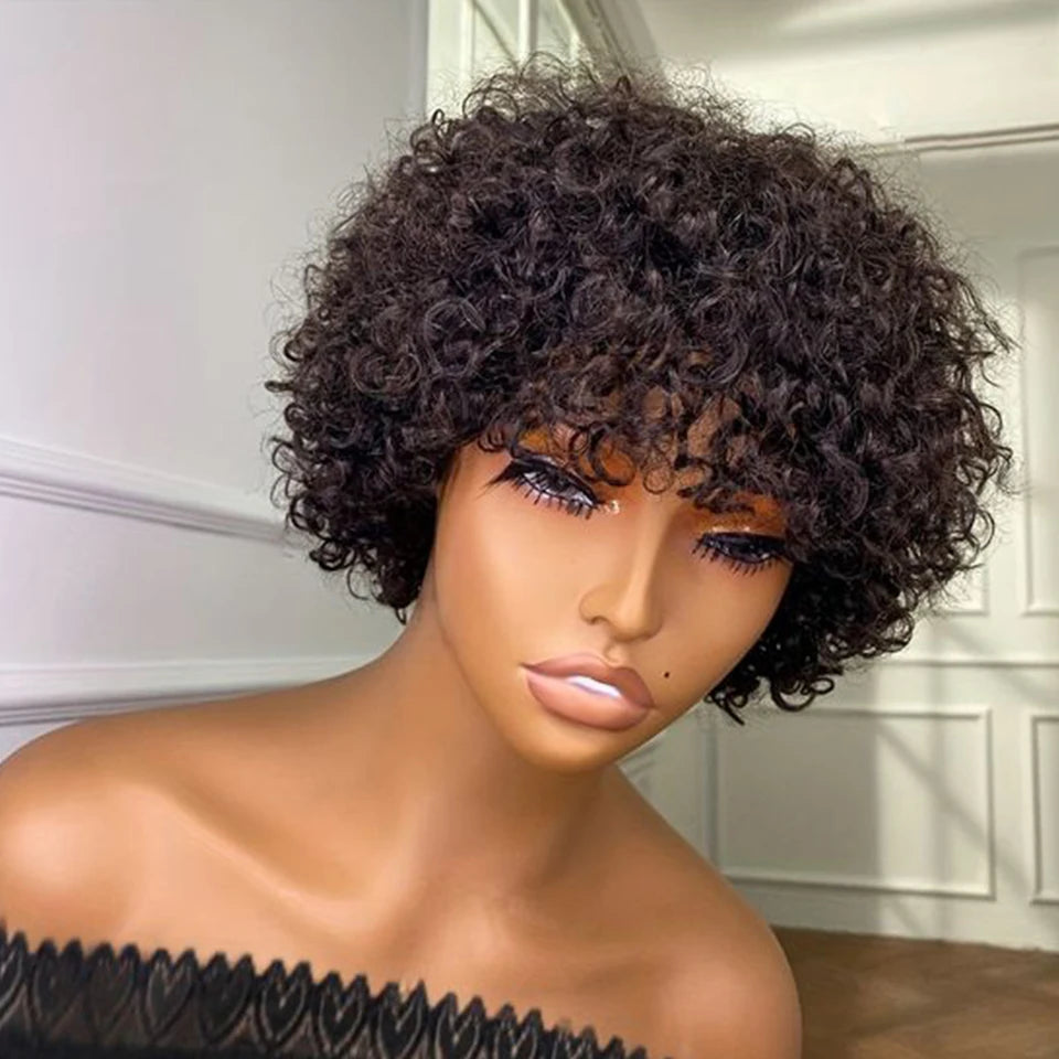 Sleek Malaysian Afro Kinky Curly Pixie Bob Wig | Glueless Natural Brown 99J with Bangs Luxegan