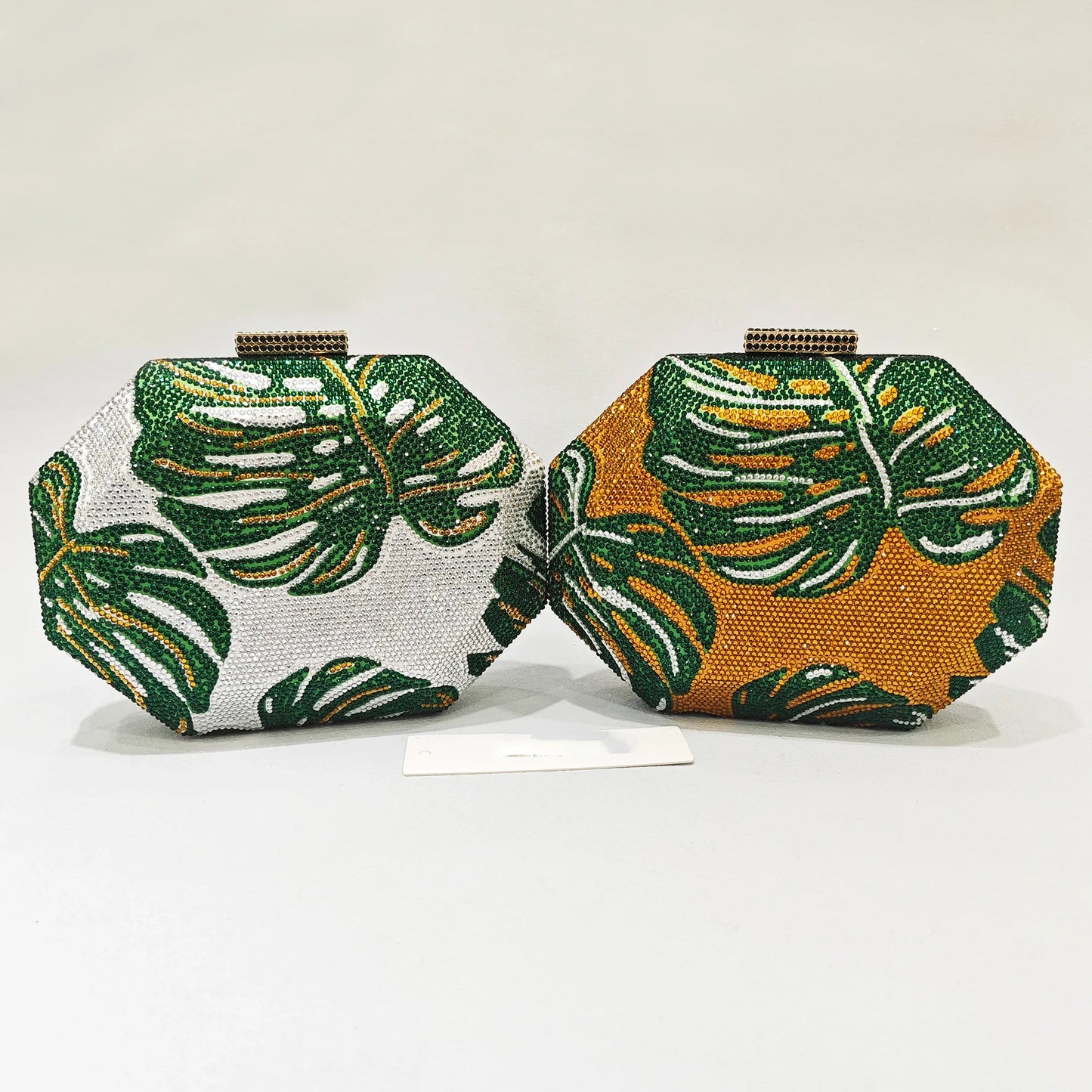Green Leaf Diamond Evening Bag | Sophisticated Gold-Tone Crystal Wedding Clutch | Elegant Rhinestone Prom Handbag | "Dignified" Hard-Shell Floral Minaudière for Formal Party Styling Luxegan