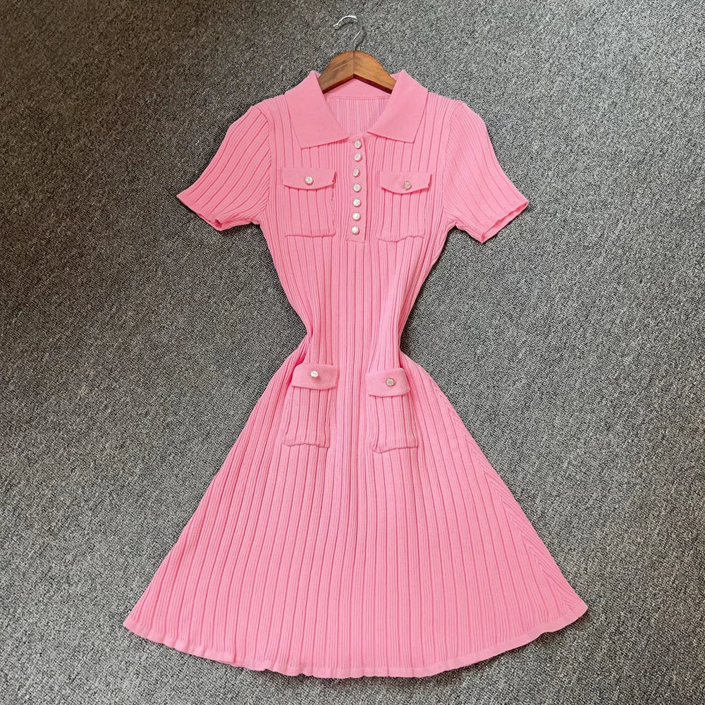 Women's Aesthetic Knitted Short Dress | Korean Fashion Turn-Down Collar Party Gown | High Street Buttoned Pockets Summer Dress | Premium Knit Medium Stretch A-Line Luxegan