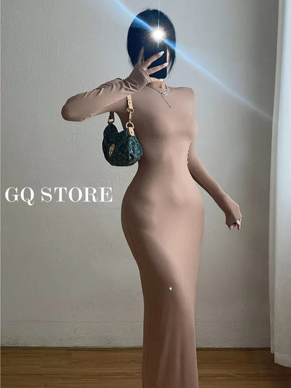 Women's Elegant High Street Long Sleeve Maxi Dress | Simple Korean Style Slim Fit Ankle-Length Robe | Soft Autumn/Winter Solid Color A-Line Gown | Premium Ruffle Empire Waist Model Carbon Ash Luxegan