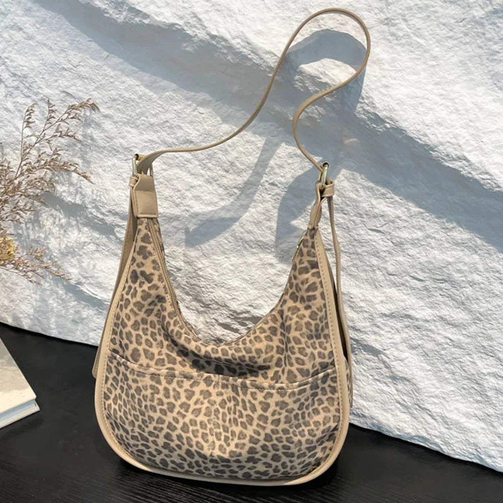 Women’s Leopard Print Faux Suede Crossbody Bag | Large Multi-Pocket Shoulder Tote | Trendy Leopard Pattern Hobo Messenger Bag | Versatile Soft Suede Handbag with Adjustable Strap Luxegan