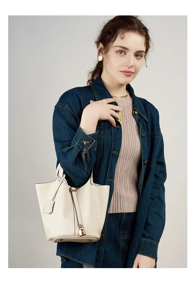 Fashion Women's Mini Genuine Leather Bucket Bag | Soft Litchi Pattern Tote with Lock | Mommy/Bride Wedding Shoulder Handbag Luxegan