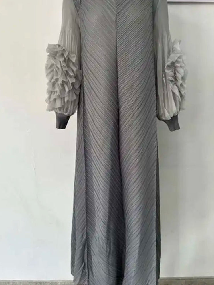 Pleated Lettuce Hem Maxi Dress | Turtleneck Full Sleeve Loose A-Line Casual Dress Luxegan