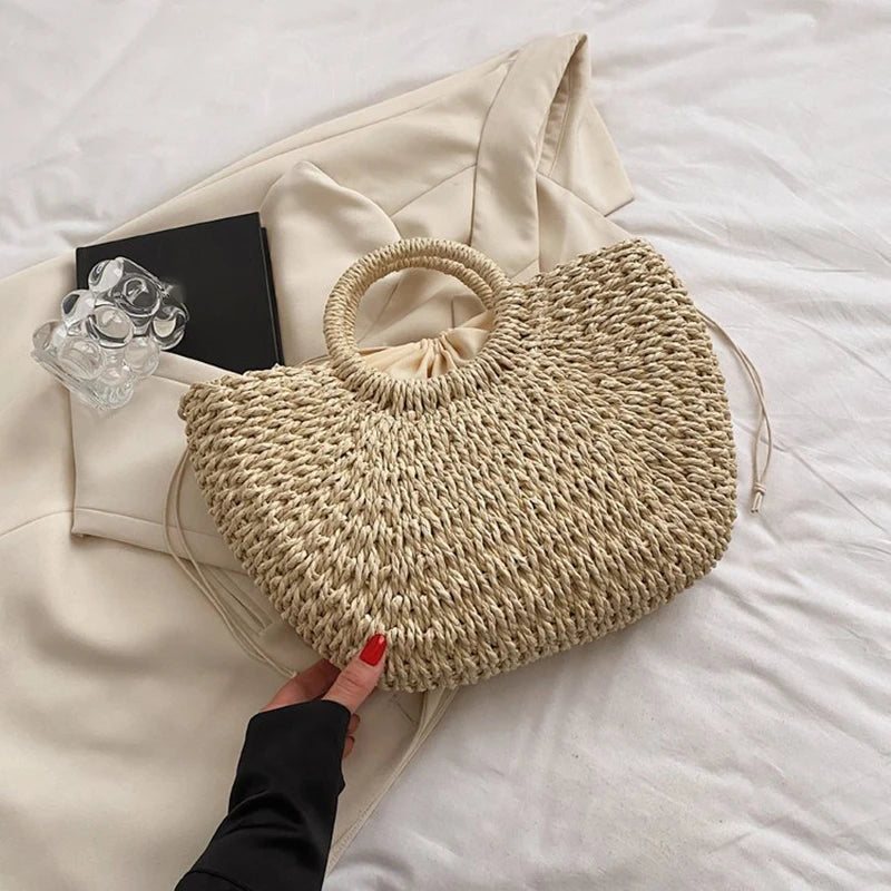 Handmade Moon Straw Beach Bag | Hard Woven Bohemian Tote Luxegan