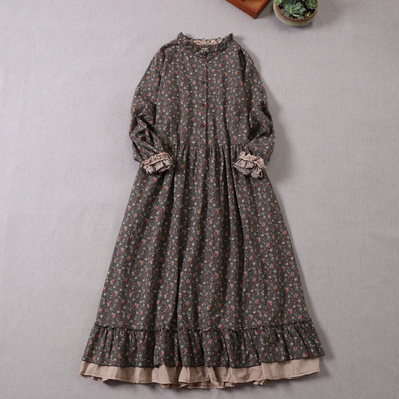 Women's Japanese Mori Girl Vintage Floral Print Dress | Elegant Ruffled Neckline Long Sleeve Cotton Gown | Retro Casual Loose A-Line Robe | Premium Natural Fiber Slight Stretch Ankle-Length Luxegan