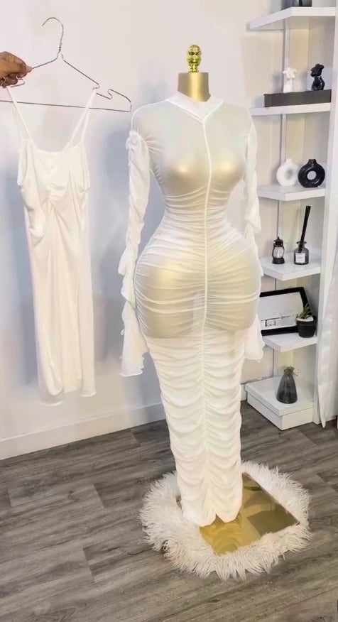 CM.YAYA Women Flare Long Sleeve Stacked Ruched Mesh See Though with Tank Dress Maxi Long Dress 2025 Birthday Sexy Party Dresses