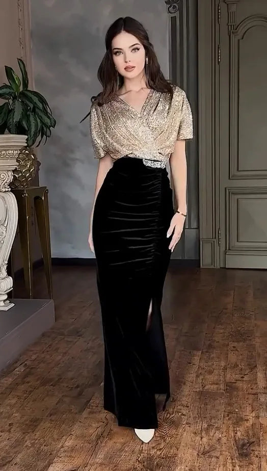 Women's Sequin V-Neck A-Line Formal Dress with Split Luxegan