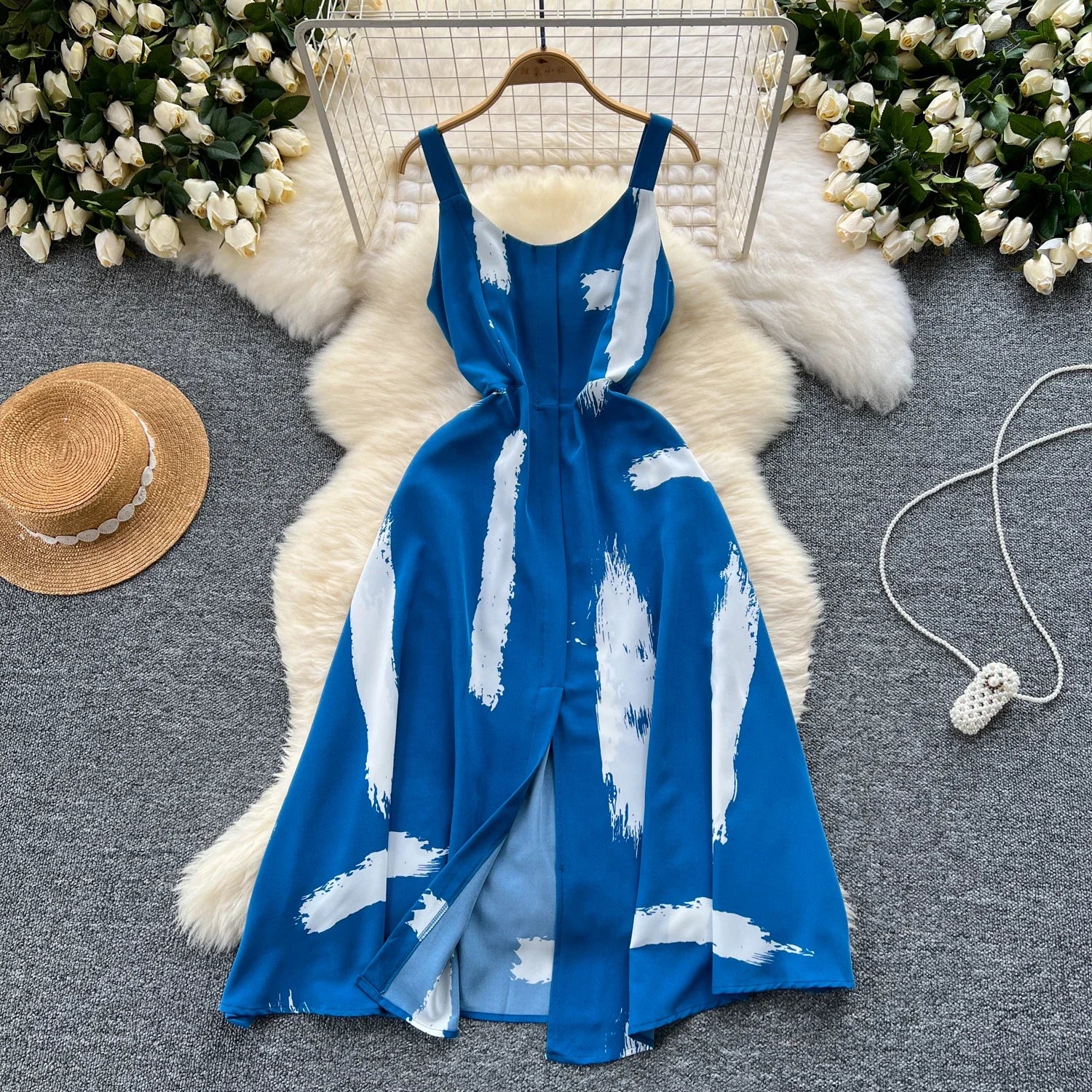 Women's Elegant Summer Print Midi Sundress | Sweet O-Neck Backless Vacation Beach Dress | High Waist Split Regular Fit Camisole Gown | Premium Tatting A-Line Spaghetti Strap Luxegan