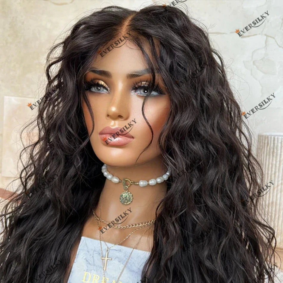 Peluca con Cierre de Encaje 5x5 de Cabello Humano Negro de Onda Natural, Cabello Indio Virgen, para Mujeres Negras, Densidad 200, Peluca Frontal de Encaje con Raya Profunda 13x6