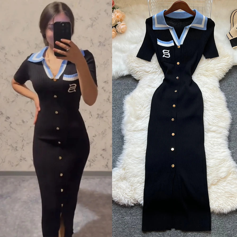 Brand Fashion Summer Knitted Bodycon Dress | Y2K Embroidered Long Sweater Dress | Short-Sleeve Turn-Down Collar Slim Streetwear Midi Luxegan