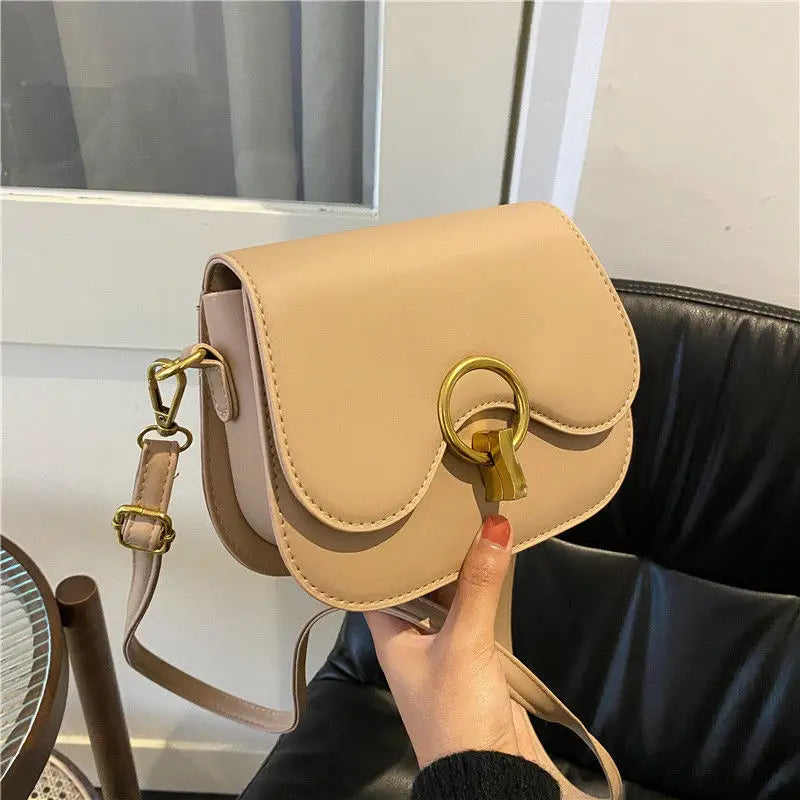 PU Leather Saddle Bag with Fashion Lock | Solid Color Flap Crossbody Purse Luxegan