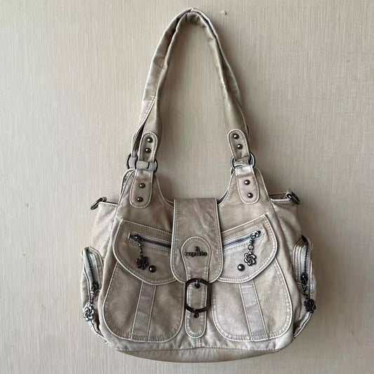 Trendy PU Leather Dumpling Shoulder Bag | Fashion Large Capacity Satchel & Top-Handle Purse | Versatile Multi-Pocket Handbag with "Flap" Design & 120cm Strap Luxegan