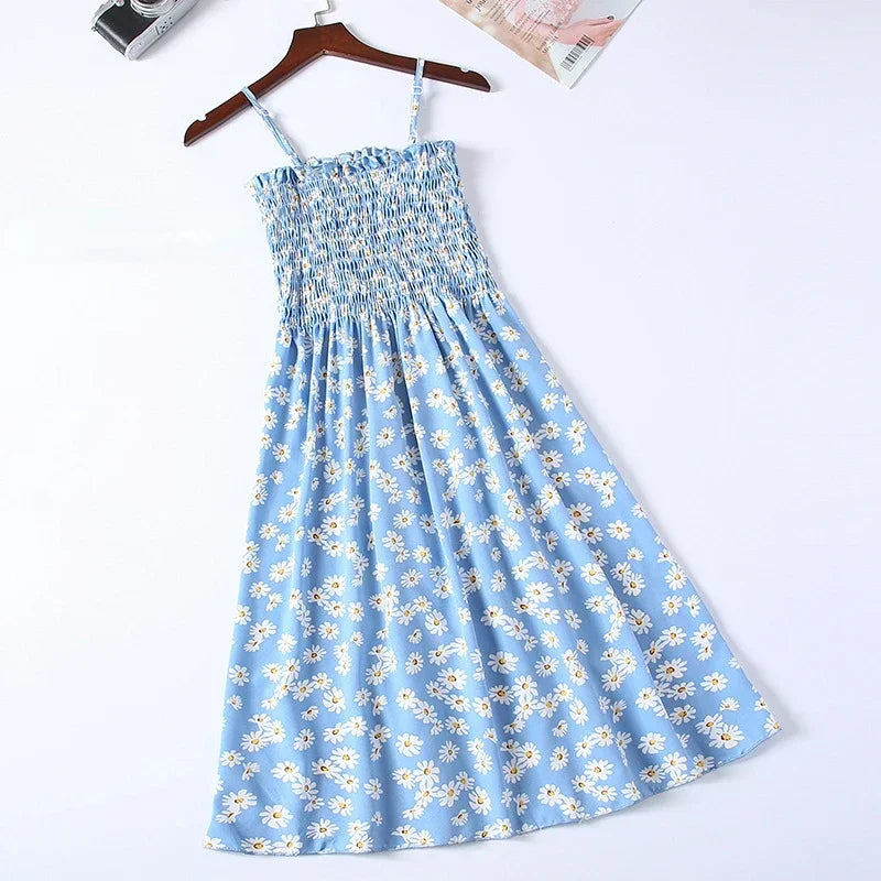 Floral Chiffon Spaghetti Strap Mini Dress | Ruffled Slash-Neck Elastic Waist Sundress | Tiered Spring/Summer Slim Fit A-Line Dress Luxegan