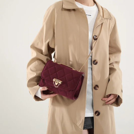 Burgundy Vintage Flap Bag | Suede Fabric Shoulder & Crossbody Bag Luxegan