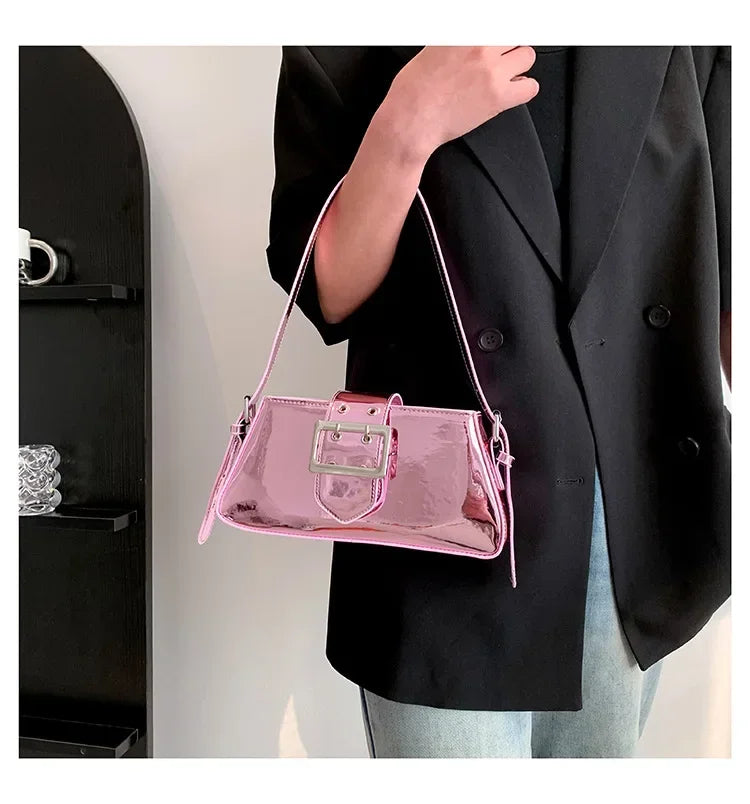 New Luxury Design Women's Glossy PU Leather Armpit Bag | Fashion Party Handbag (Patent Leather Silver Shoulder & Crossbody Bag) Luxegan