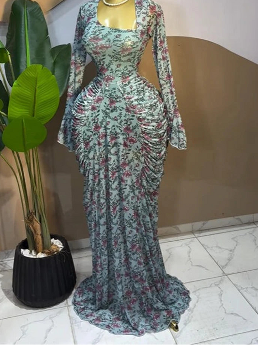 Floral Ruched Flare Sleeve Maxi Dress – Asymmetric Neck, Empire Waist, A-Line Luxegan