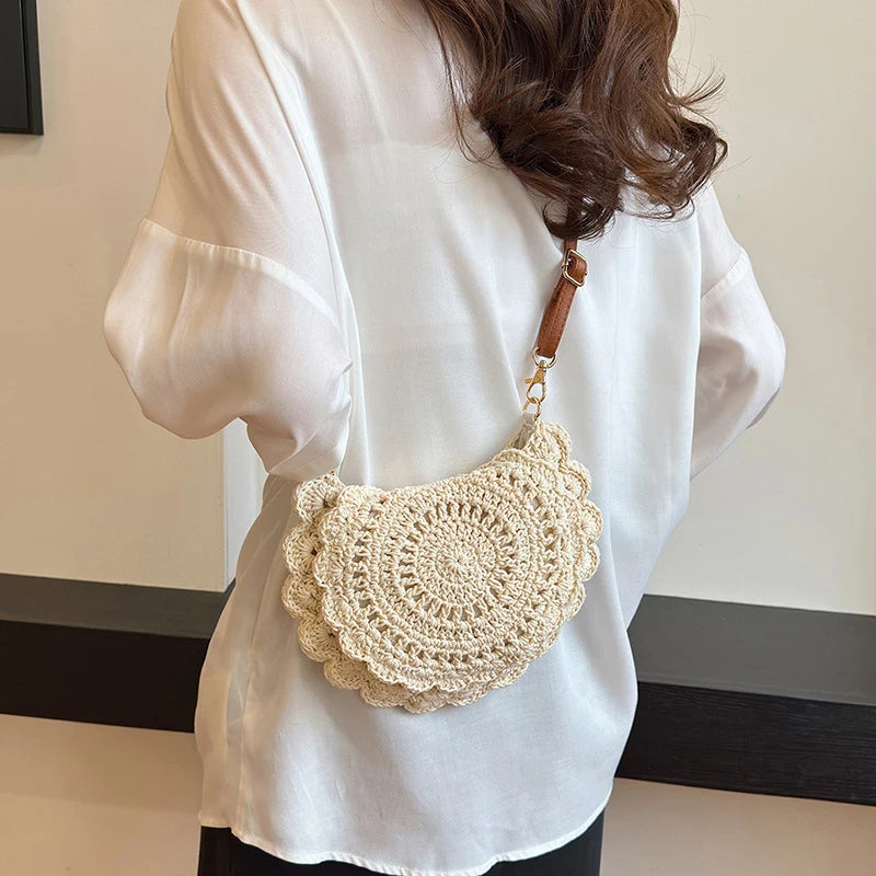 Vintage Woven Handbag | Round Summer Beach Bag & Crossbody Bag Luxegan