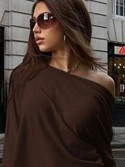 Solid Sexy Asymmetric Neckline Full-Length Ruched Sleeve Slim A-Line Mini Dress – Slight-Stretch Polyester-Elastane, Natural Waist, Autumn/Winter Luxegan