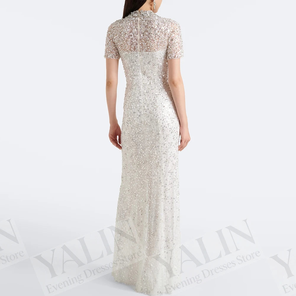Sequined Crystal A-Line Prom Dress | High-Neck Short Sleeve Ankle-Length Gown Luxegan