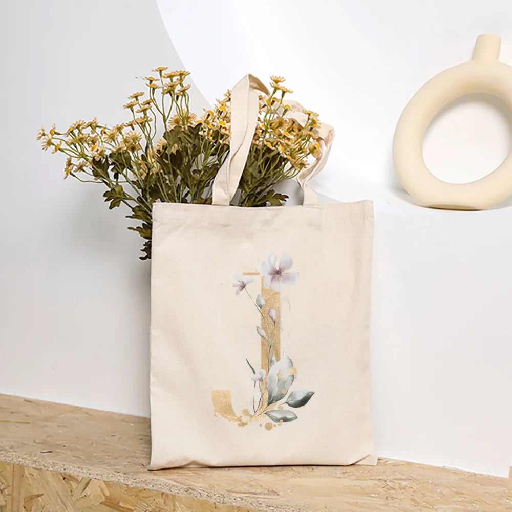 Leaves Plant Initial Print Canvas Tote Bag | Reusable Summer Beach & Shopping Handbag with Hasp Closure Luxegan