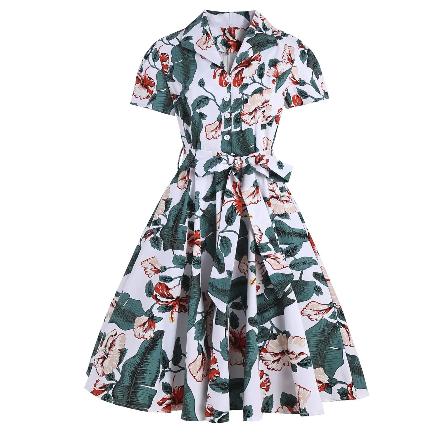 Hepburn Style Lemon Printed Vintage Dresses 1950s 60s Office 2025 Turn Down Collar Short Sleeve Tunic A-Line Belted Cotton Dress