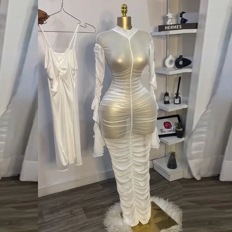 CM.YAYA Women Flare Long Sleeve Stacked Ruched Mesh See Though with Tank Dress Maxi Long Dress 2025 Birthday Sexy Party Dresses