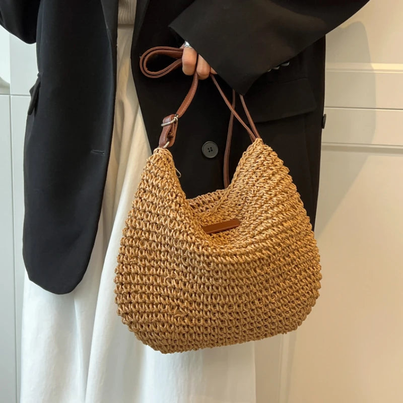 Women’s Fashion Straw Shoulder Bag | Large Capacity Paper Woven Handbag | Casual Summer Beach Tote with Zipper Closure | Minimalist Daily Straw Purse Luxegan
