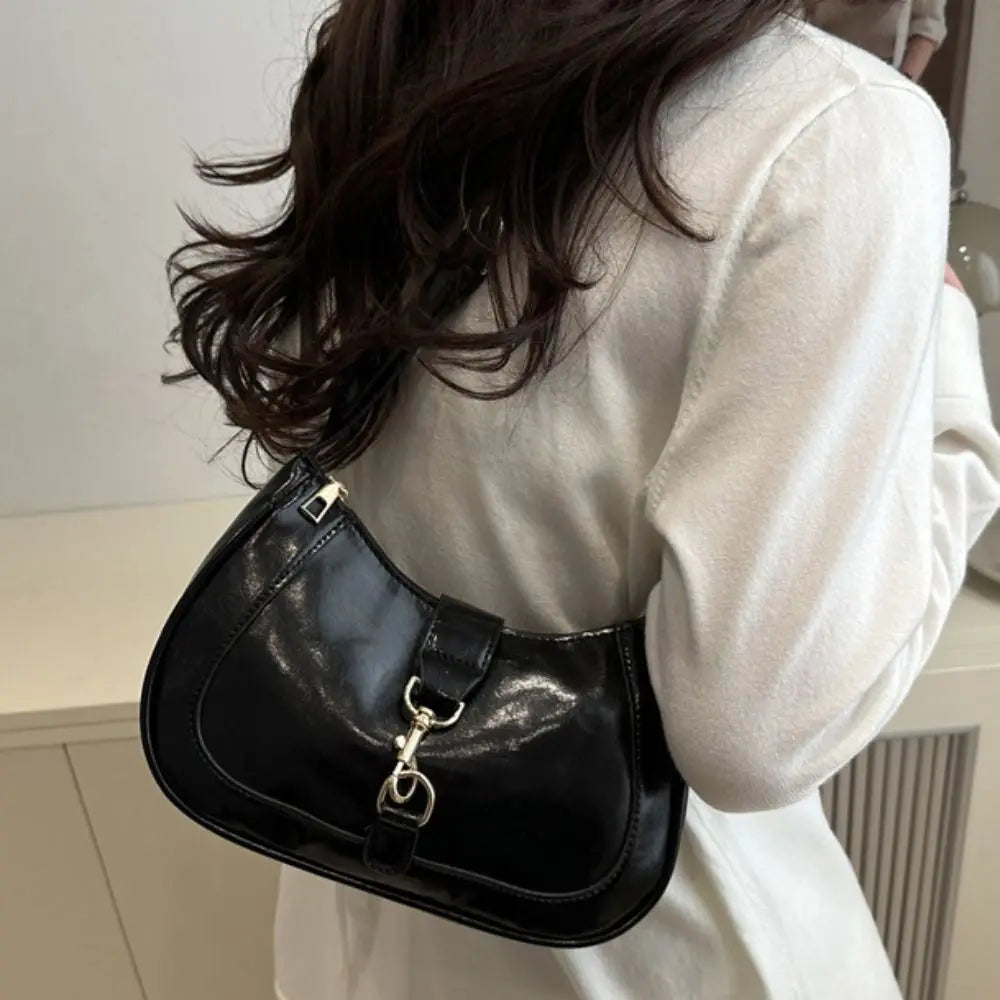 Elegant Patent Leather Shoulder Bag | Large Capacity Retro Armpit Bag | Smooth Solid Color Belt Buckle Clutch Handbag Luxegan
