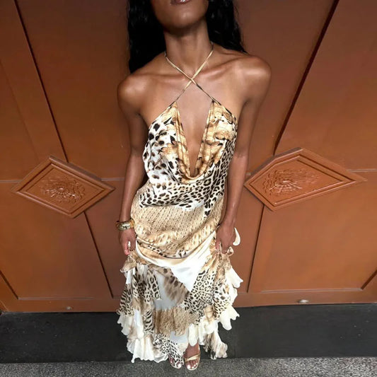 Leopard Print Tiered Ruffle Maxi Dress | Spaghetti Strap Halter High Waist A-Line Beach Gown Luxegan