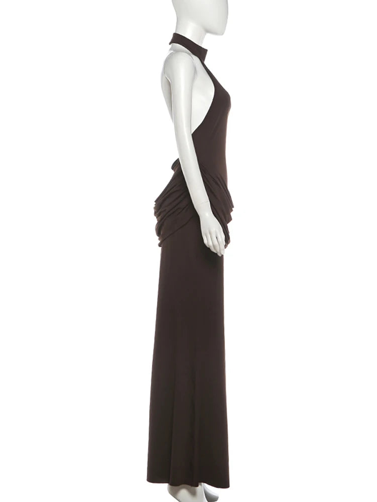 Nibber Backless Maxi Dress Women Halter Sleeveless High Side Slit Long Tassel Folds Solid High Elasticity Prom Party Vestidos