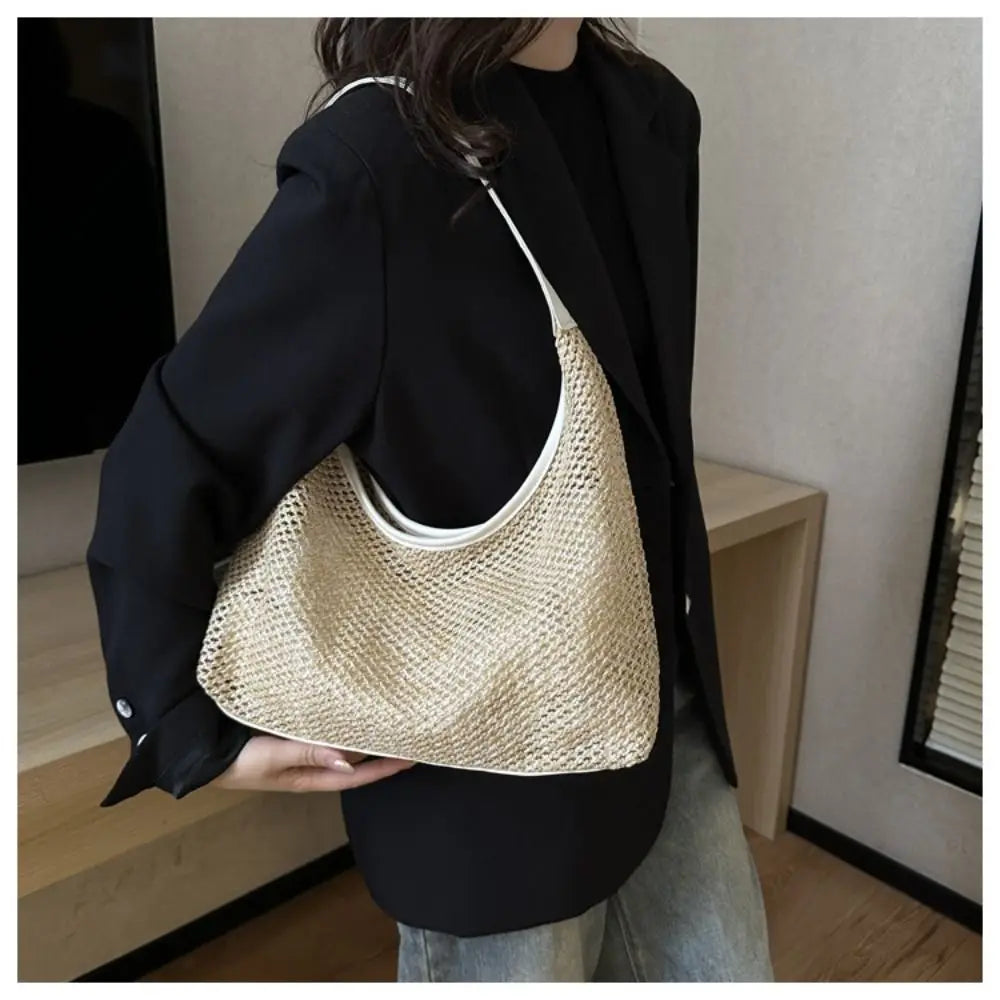Casual Woven Straw Bucket Bag | Large Capacity Underarm Shoulder Bag | Women’s Fashion Solid Color Tote | Minimalist Summer Weave Handbag Luxegan