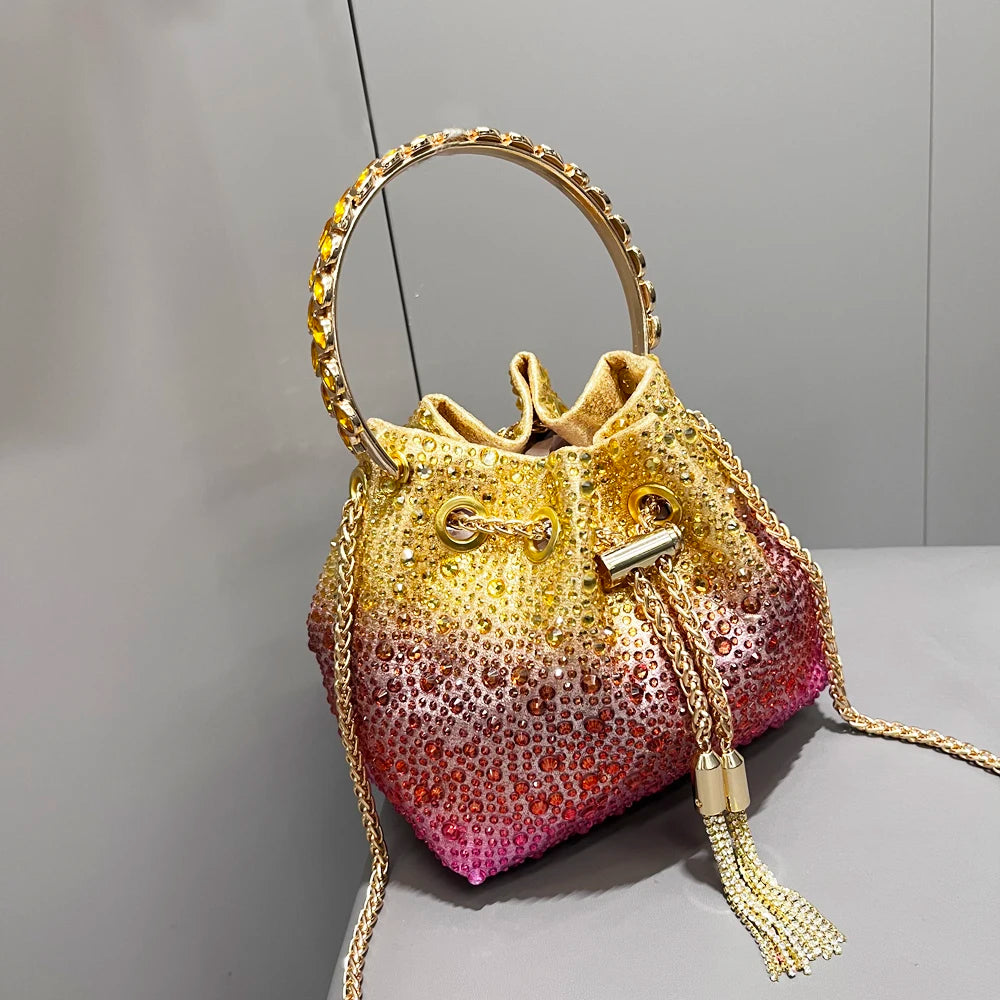Luxury Designer Rhinestone Evening Clutch | Shiny Crystal Bucket Handbag & Fashion Shoulder Bag Luxegan