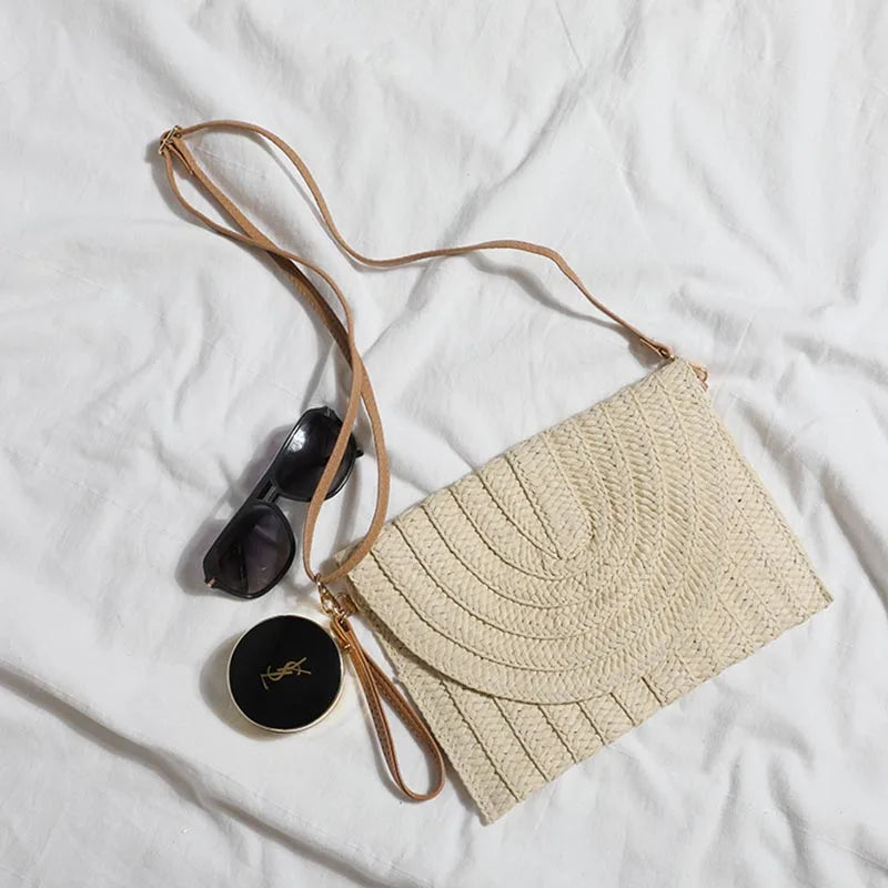 Bolsos de playa de verano para mujer Bolso bandolera de paja hecho a mano con sobre Bolso de hombro trenzado Bolso de mano de vacaciones tejido
