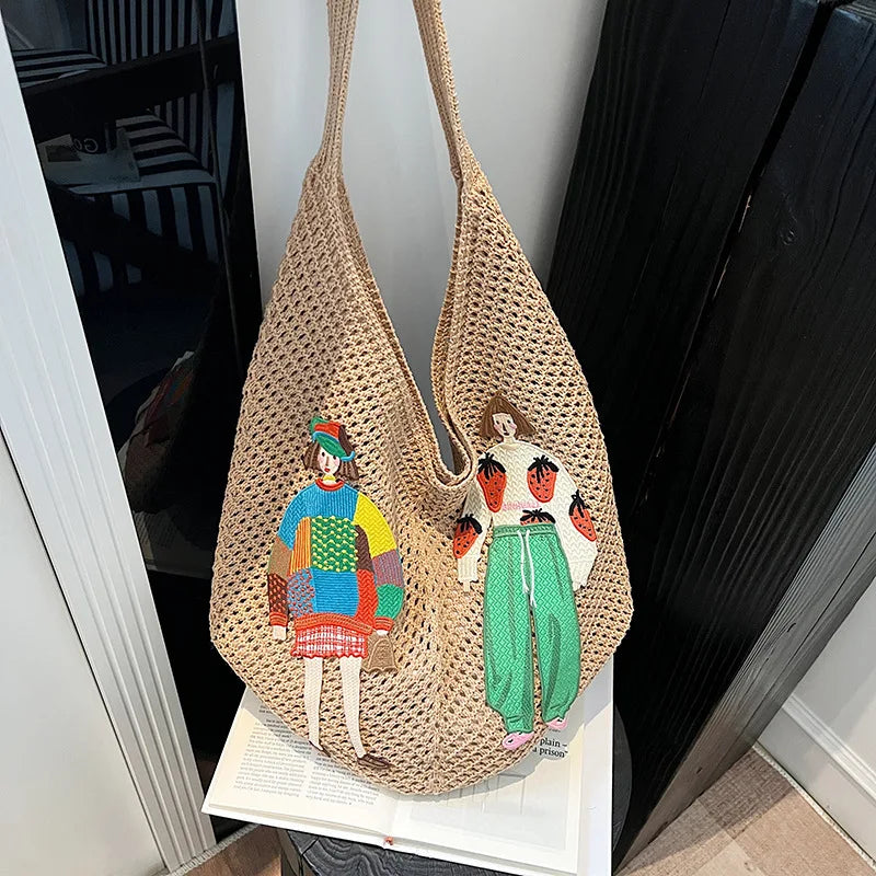 Hollow Mesh Knitted Shoulder Bag | Slouchy Chic Cartoon Beach Tote | Lightweight Laid-Back Woven Handbag | Spring & Summer Versatile Nylon Satchel for Women Luxegan