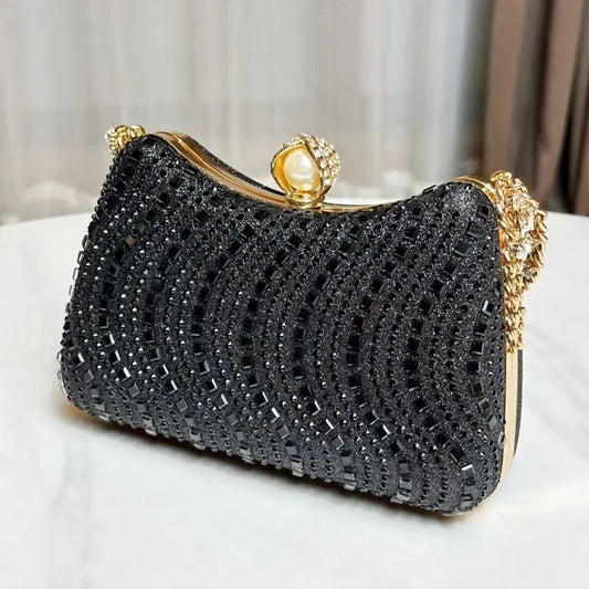 Fine Rhinestone Diamond Inlay Dinner Bag | Retro Luxury Beaded Small Clutch | Gold, Silver, & Blue Wedding Party Shoulder Bag & Messenger Luxegan