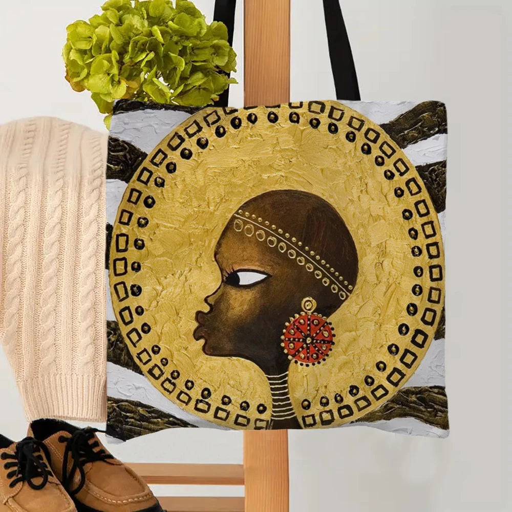 African-Inspired Tote Bag | Sophisticated Durable Linen Shoulder Bag | Elegant Reusable Shopping & Beach Carryall | "Dignified" Structured Square Bag for Versatile Casual Styling Luxegan