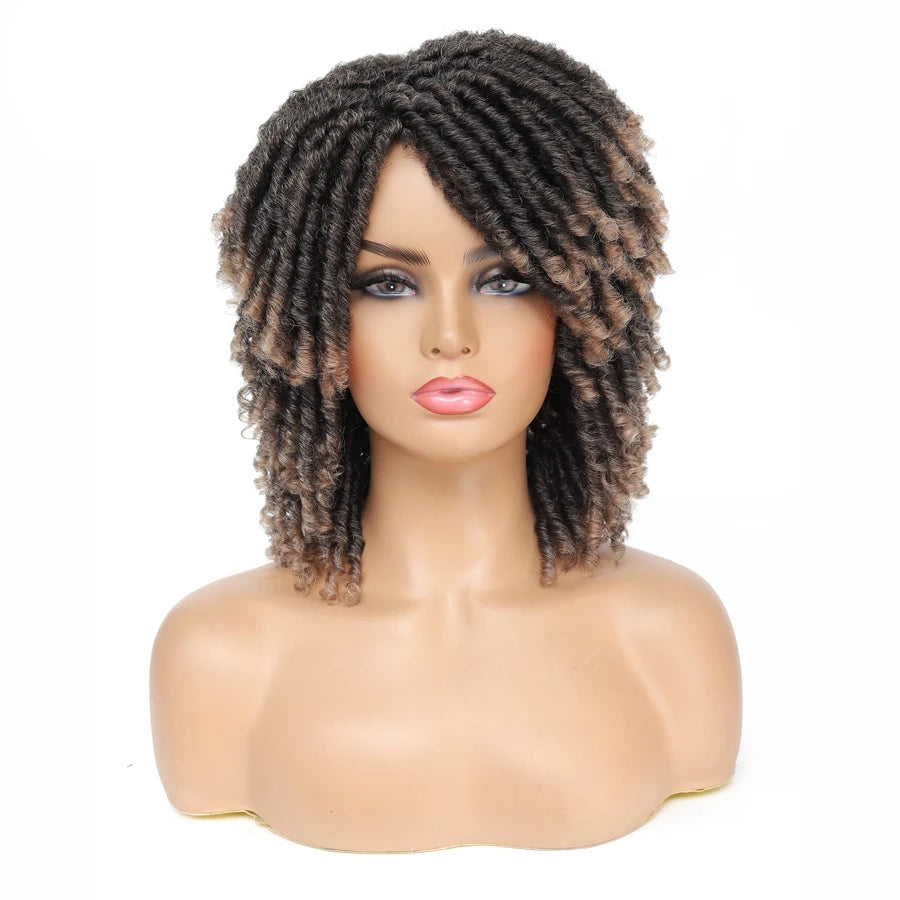 Short Afro Curly Faux Locs Wig | Twist Braids | Heat Resistant | Ombre Brown | Black Women