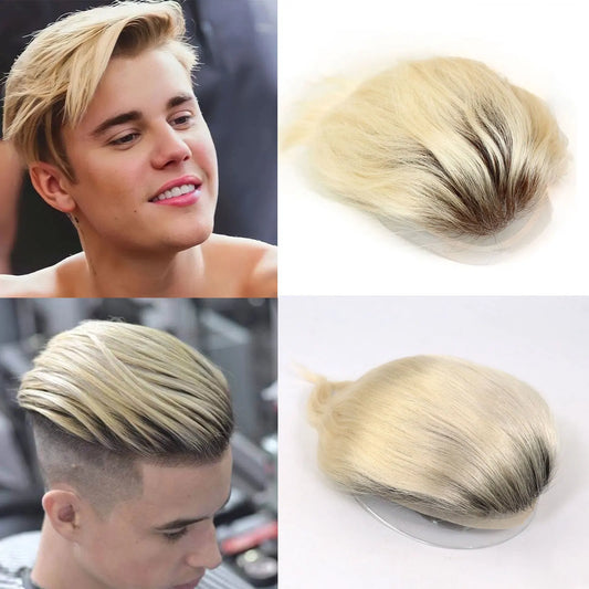 Ombre Platinum Blonde Lace Front Toupee | Sophisticated "Capillary Prosthesis" Silhouette | Dark Roots #613 Remy Human Hair System | "Dignified" High-Performance 8x10 Lace & PU Base for Radiant Versatile Styling Luxegan