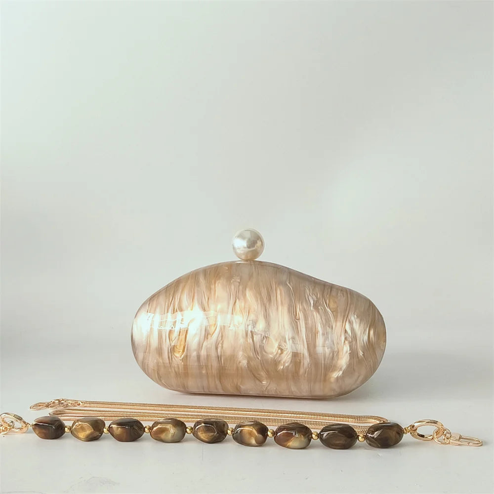 Luxury Pearl Acrylic Shell Clutch | Sophisticated "Oval Lady" Silhouette | Elegant Dinner Party Chain Purse | "Dignified" High-Performance Hard-Shell Essential for Radiant Versatile Styling Luxegan