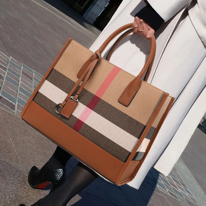 Classic Plaid Canvas Tote | Large Capacity Crossbody Handbag Luxegan