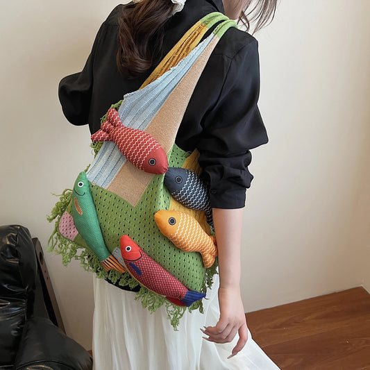 Korean Style Contrast Color Woven Tote | Lightweight Large Capacity Summer Shoulder Bag | Fashionable Patchwork Cotton Handbag with Artisan Appliques | Casual Versatile Beach & Daily Shopping Bag (Model 7715) Luxegan