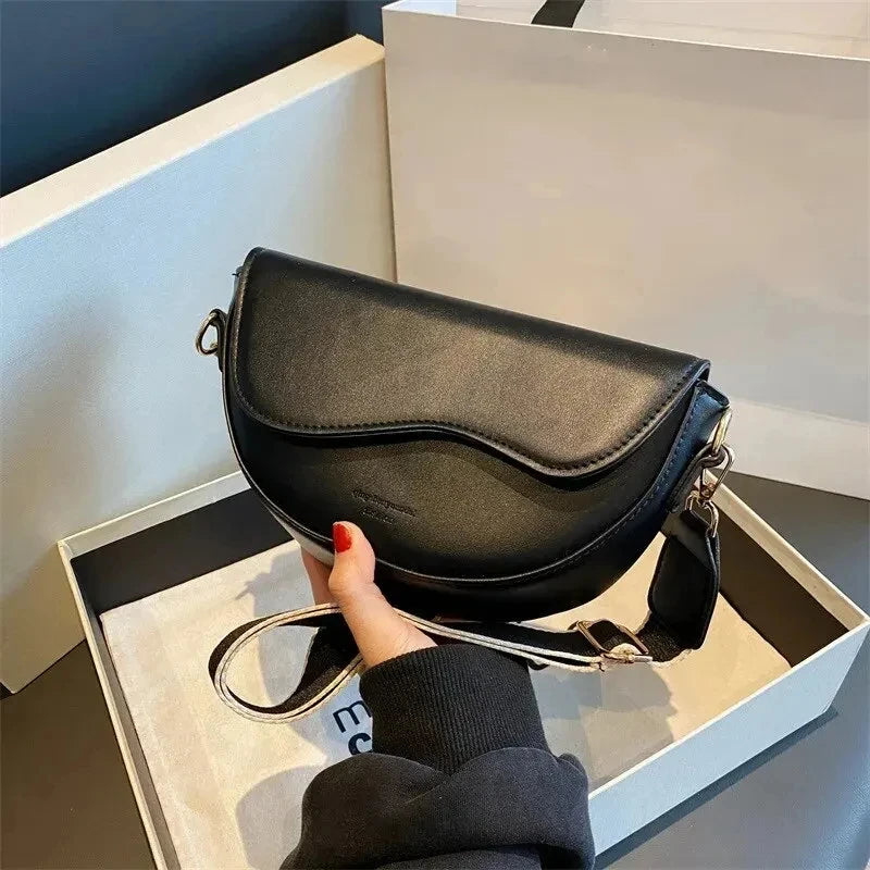 Vintage PU Leather Crossbody Bag | Small Saddle Shoulder Bag with Wide Strap & Flap Design Luxegan