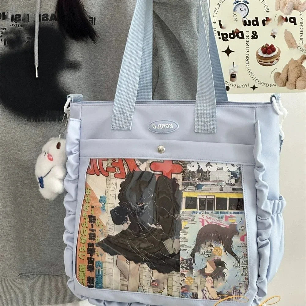 Cute Ulzzang Ita Bag | Large Capacity Nylon Tote Shoulder Bag | Japanese Harajuku College Crossbody with DIY Badges Display Plate Luxegan