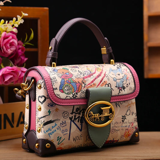 Brand Premium Graffiti Box Small Square Bag | Designer Autumn & Winter Satchel Handbag | Fashionable PVC Single Shoulder Crossbody Bag | Trendy Women’s Streetwear Purse (Model 8099) Luxegan