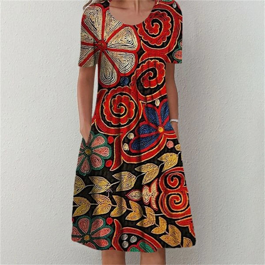 Print O-Neck Short Sleeve Regular Fit A-Line Knee-Length Dress – Non-Stretch Polyester, All Season Luxegan