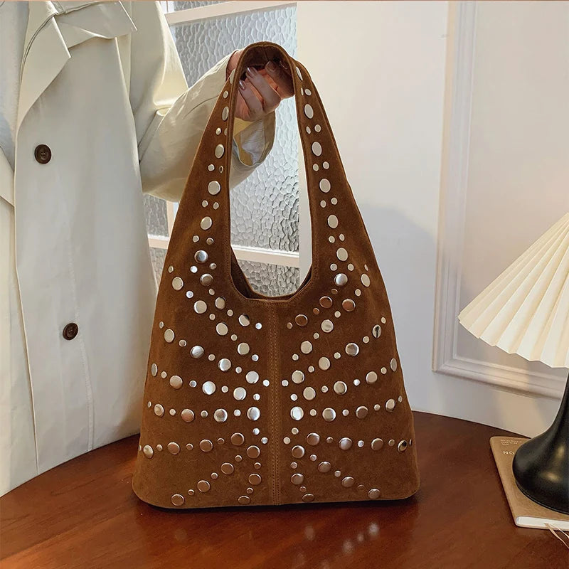 Women's Fashion Punk Metal Rivet Bucket Bag | High-End PU Suede Underarm Shoulder Tote | New Retro Trendy Motorcycle Handbag | Premium Solid Color Shoulder Bag with Hasp Closure Luxegan
