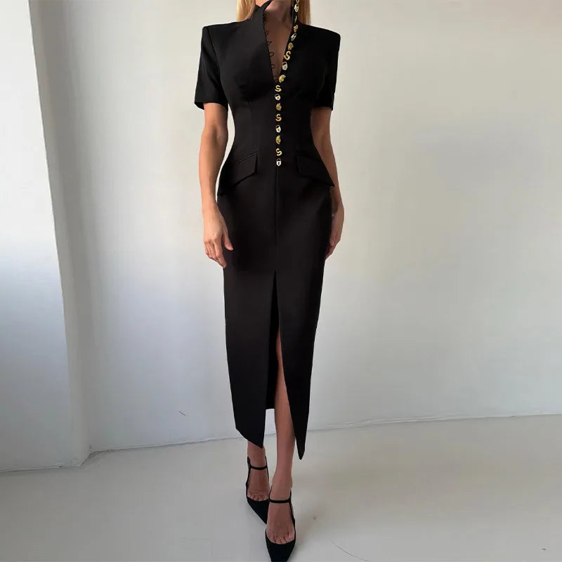Elegant Solid Buttons Long Dress Women Waist Cinched Shoulder Pads High Collar Slit Dresses 2026 Spring Summer Lady Party Robes