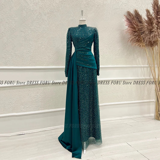 Vestido de Noche Brillante Largo de Lujo para Mujer Manga Larga Musulmán Boda Fiesta de Gala Plisado Cuello Alto Formal Certamen Fiesta