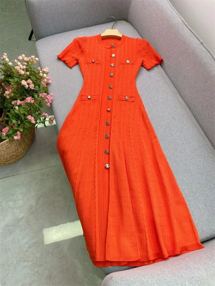 French Style Knitted Long Dress round Neck Hollow out Wooden Edge Skirt Elegant Autumn Luxury Women's Fashion One Piece Dress