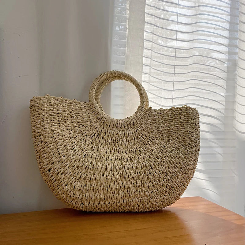 Handmade Moon Straw Beach Bag | Hard Woven Bohemian Tote Luxegan
